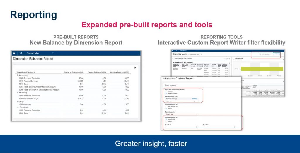 Sage Intacct 2019 R2 Release: New Balance by Dimension Report and Interactive Custom Report Writer filter flexibility.