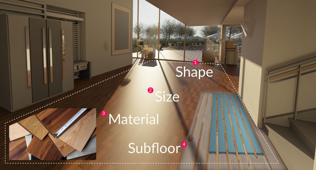 Considerations for the estimate:  Shape, Size, Material, Subfloor