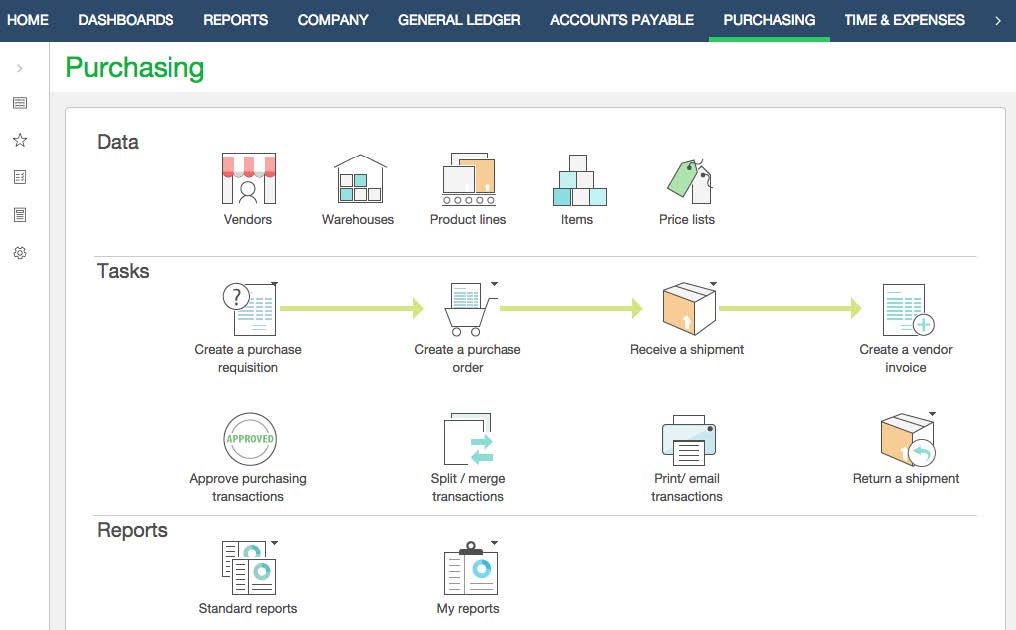 Quickly access to specific purchasing tasks or data using visual navigation in Sage Intacct.