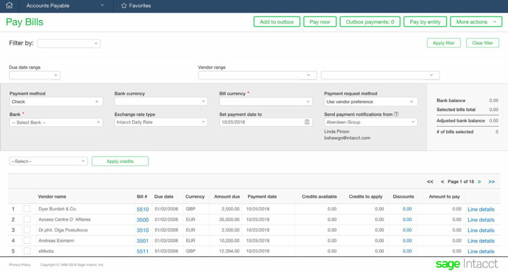 Sage Intacct - Accounts Payable - Pay Bills