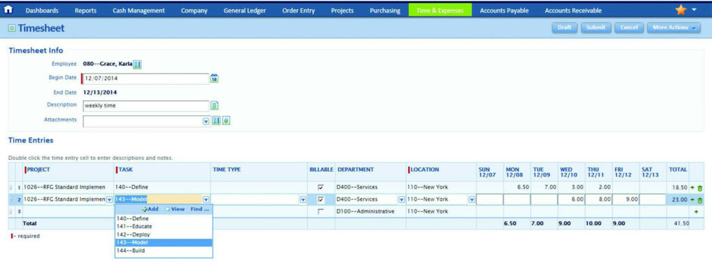  Sage Intacct Timesheet: Employees can make time entries and easily associate them with the right project, task, department, or location.