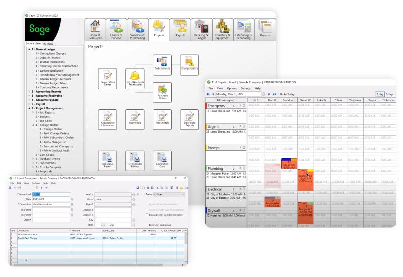 Screenshots of Sage 100 Contractor: Navigation Panel, Dispatch Board, and Journal Transactions.