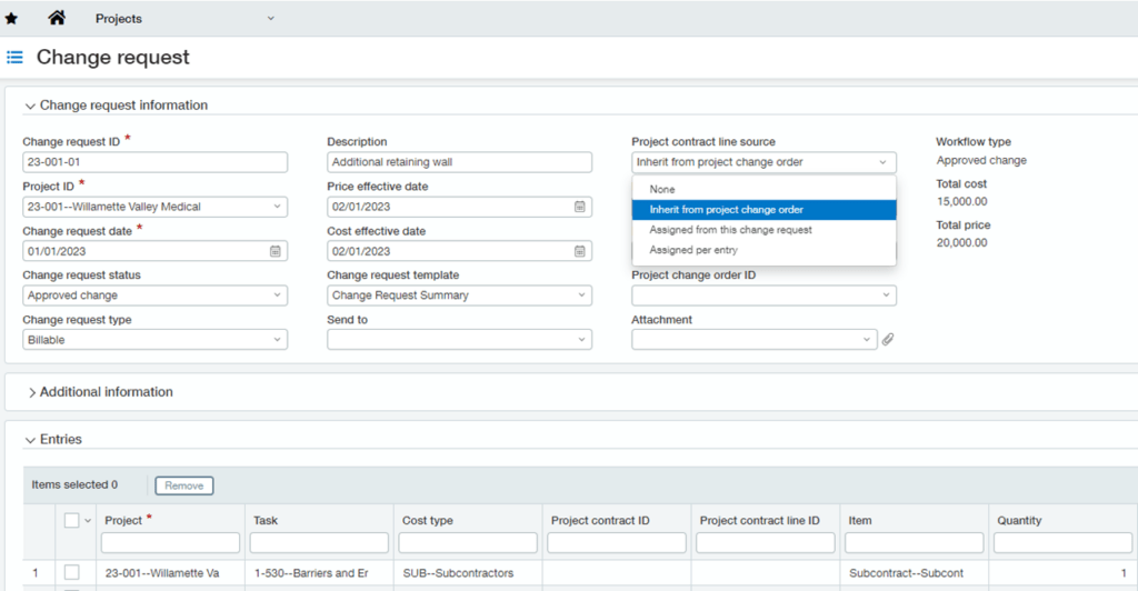 Sage Intacct Construction 2023 Release 2: Change request new options allow you to choose the level to associate to a project contract line
