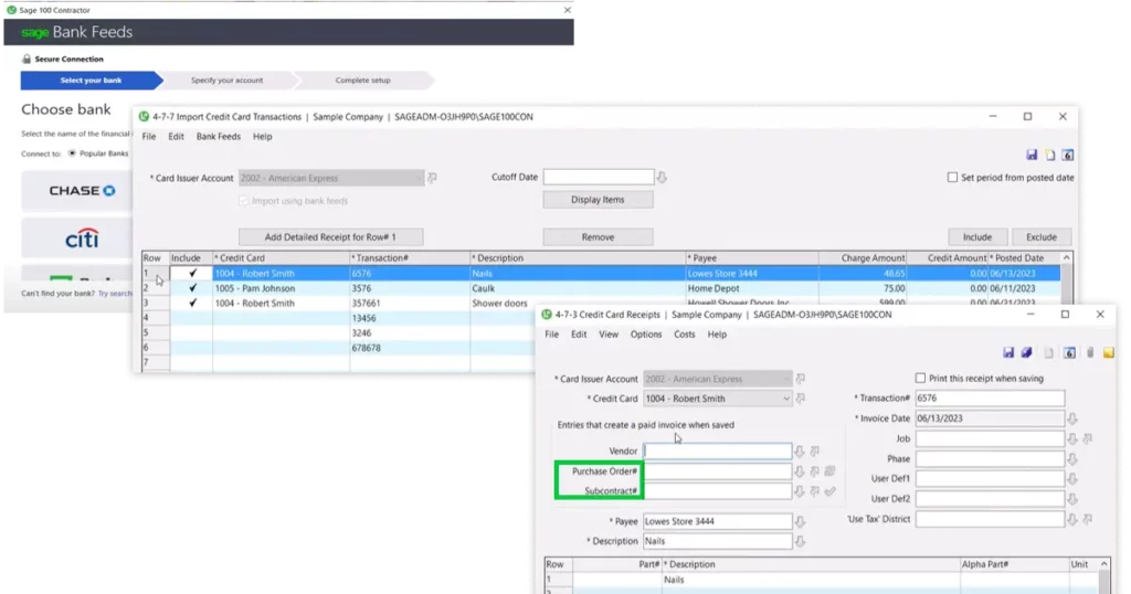 Sage 100 Contractor v25.1 Enhancement: Importing credit card transactions. New Purchase Order# and Subcontract# fields to apply payments to a subcontract or purchase order.