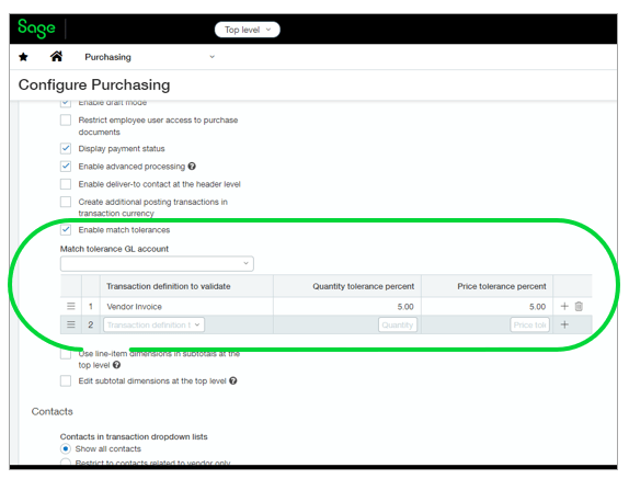 Sage Intacct 2023 R3: Match tolerances for Purchasing.