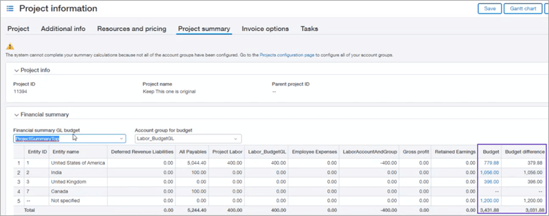 Sage Intacct 2023 R3: Project summary Includes budget information.