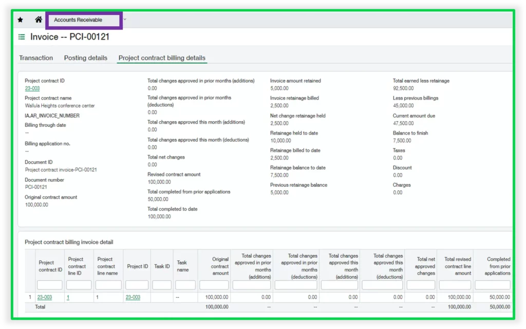 Sage Intacct Construction 2024 Release 1 Highlights: Project contract billing details in Accounts Receivable invoices.